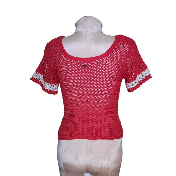Crocheted red cropped short sleeve top O'NEILL size small boho - Picture 2 of 5